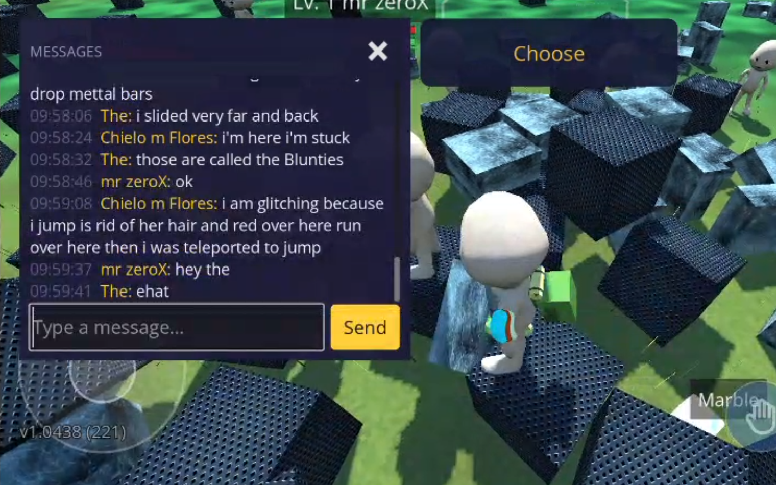 The in-game chat panel open, showing real players talking to each other