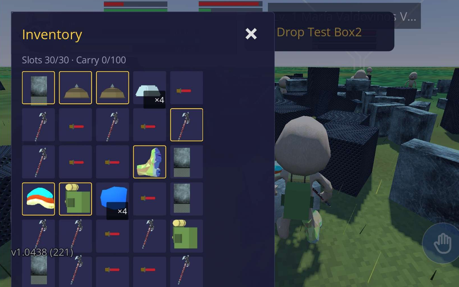 The inventory grid open over the world, full of axes, hats and blocks